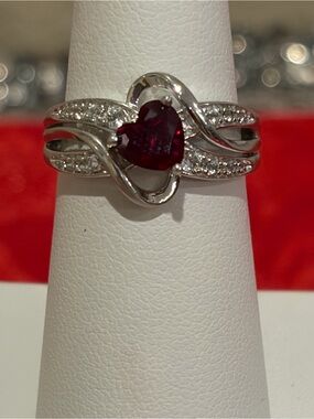 Sterling Silver Heart Ruby Ring with Pavé Accents - Red